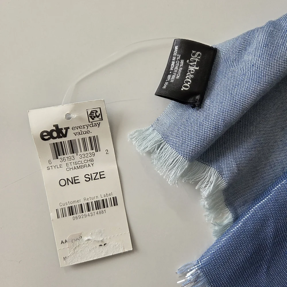 NWT Style & Co Blue‎ Teal Metallic Striped Check Chambray Scarf 25×80 Inches